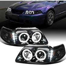 Ronnin - Fits 1999-2004 Ford Mustang Upgraded LED Dual Rims Projector Headlights Assembly Pair | Gloss Black