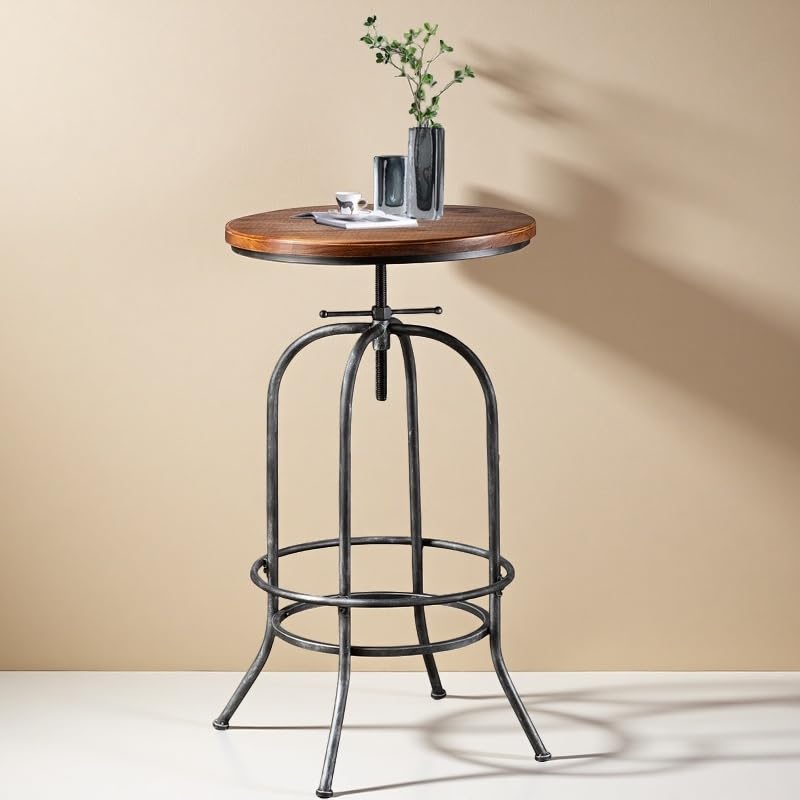 BOKKOLIK Rustic Bar Table Vintage Bistro Table Industrial Pub Table for Kitchen Coffee House Office Computer Desk Swivel Round Wooden Top 37.4-45.3inch Height Adjustable