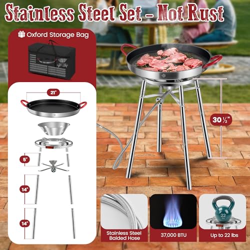ARC 21 Inch Nonstick Paella Pan, 37,000 BTU Stainless Steel Paella Burner and Stand Set, Paella Pan Set with Propane Burner Head, Carry Bag, Wok Spatula, Foldable Brackets (16 Servings)