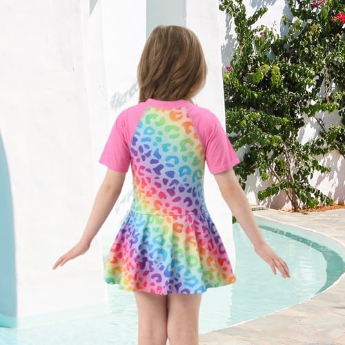 Image of Girls One Piece Swimsuits Bathing Suit for Kids Girls Summer Swim Dress Short Sleeve Swimwear 3-16 Years