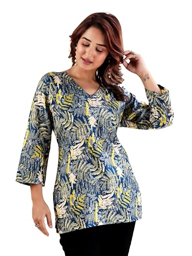 Image of Women's Short Kurti in Multicolor Rayon Cotton Blend | Ladies Ethnic Tunic | Office