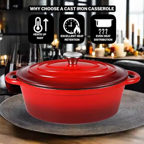 Éclat 4.5L Cast Iron Dutch Oven with Silicone Handle Covers, Enamelled Non-Stick Casserole Pot, Heavy-Duty Cookware for Baking, Braising, Slow Cooking,Roasting Dish & Stews Crimson Red Oval - Image 6