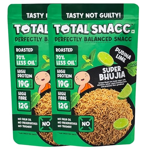 Image of TOTAL SNACC Roasted Bhujia Pudina Lime (125g x 2 Packs) | High Protein 19g, High Fibre 12g | 70% Less Oil | No Palm Oil | Baked Bhujiya | Healthy Namkeen | High Protein Snacks | Diabetic Friendly | Millet Bhujia | Low Calorie