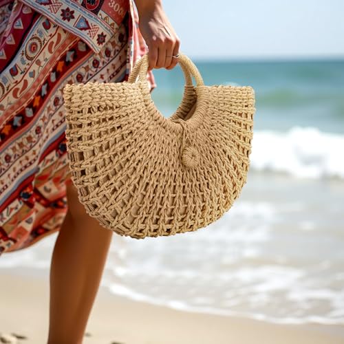 FENBEN Straw Hobo Bags for Women Round Beach Purse Large Woven Bag miniatura 3