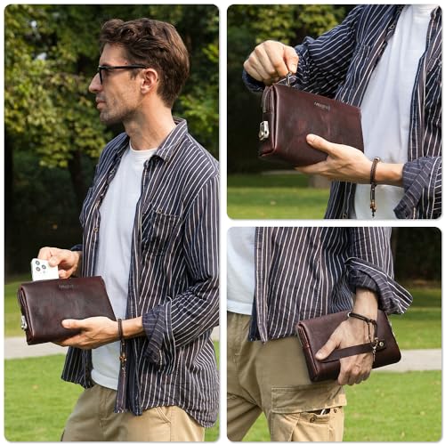Image of Top Grain Genuine Leather Clutch Wallet for Man & Woman, Handmade Retro Design, Combination Lock & Retractable Strap & Multi Pockets /Slots, Portable RFID for Cards /Checks /Phone /Banknote, Red Coffee