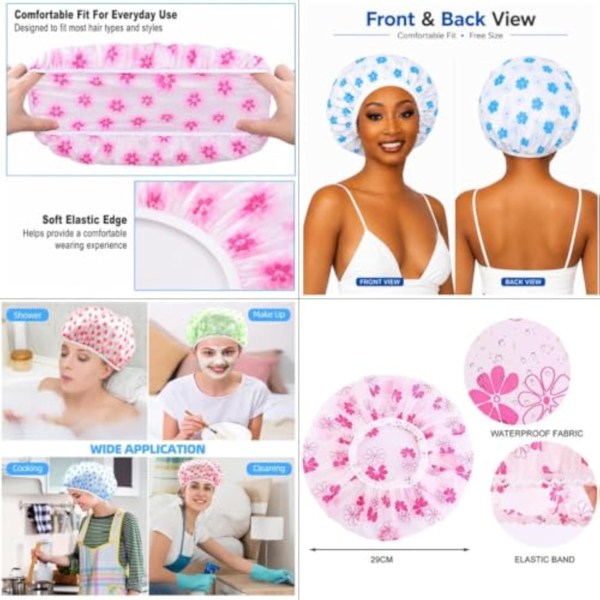 Shower Cap Set of 6 for Women, Reusable Waterproof