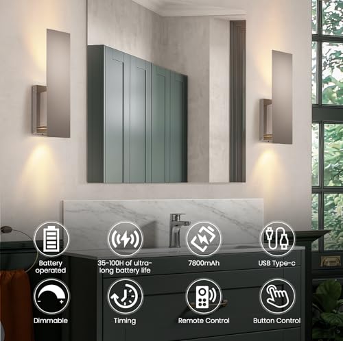 Image of Brushed Nickel Battery Operated Wall Sconces Set of Two,Dimmable Wireless Battery Wall Sconce with Remote,USB Rechargeable LED Wall Lights for Living Room Bedroom Hallway (Brushed Nickel)