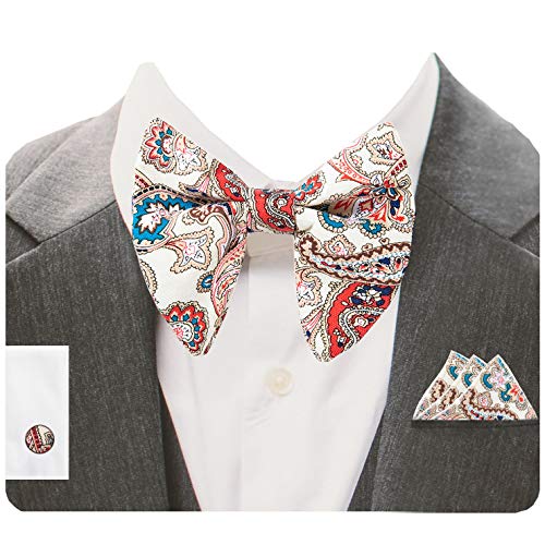 Image of GUSLESON Mens Solid Plaid Velvet Pre-tied Adjustable Bow Tie and Pocket Square Cufflink Set with Gift Box