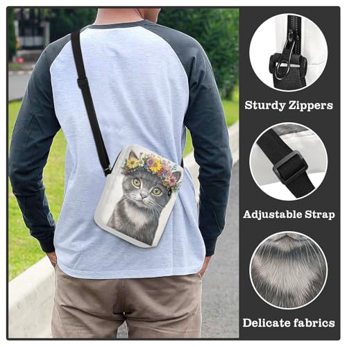 Small Messenger Bag Cat Flower Crown White Crossbody Bag for Men Women Cellphone Wallet Side Bag for Cycling Hiking Running4