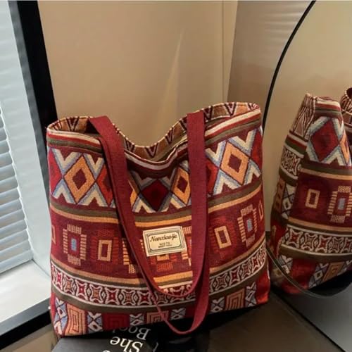 Image of Women Bohemian Canvas Tote Bag - Burgundy Ethnic Geometric Print Large Capacity Shoulder Handbag, Stylish Shopping Tote for Office, College, Travel & Daily Use