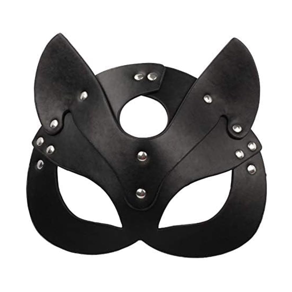 2 piezas de accesorios de juego de rol de cuero PU negro para fiestas, látigo y máscara de zorro