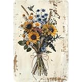 WIZYXQ Flowers Metal Signs Vintage A Bouquet of Wild Flowers Tin Sign Retro Wall Decor for Living Room Bedroom Greenhouse Garden Yard Shop Bar 8×12 Inches