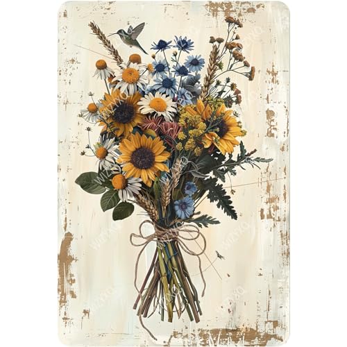 WIZYXQ Flowers Metal Signs Vintage A Bouquet of Wild Flowers Tin Sign Retro Wall Decor for Living Room Bedroom Greenhouse Garden Yard Shop Bar 8×12 Inches
