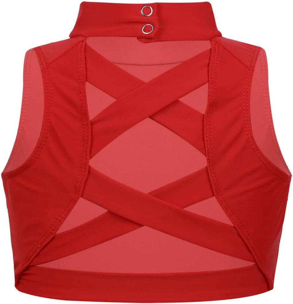 TTAO Kids Girls Tank Crop Top Mock Neck Criss Cross Back Bra Athletic Ballet Dance Workout Sports Active Tee Shirt