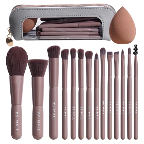 Image of BS-MALL 14 Pcs Makeup Brushes Set with 1 Pcs Makeup Sponge - Essential Foundation Powder Concealers, Eye Shadows, Blush Makeup Brushes with Travel Makeup Case (Brown)