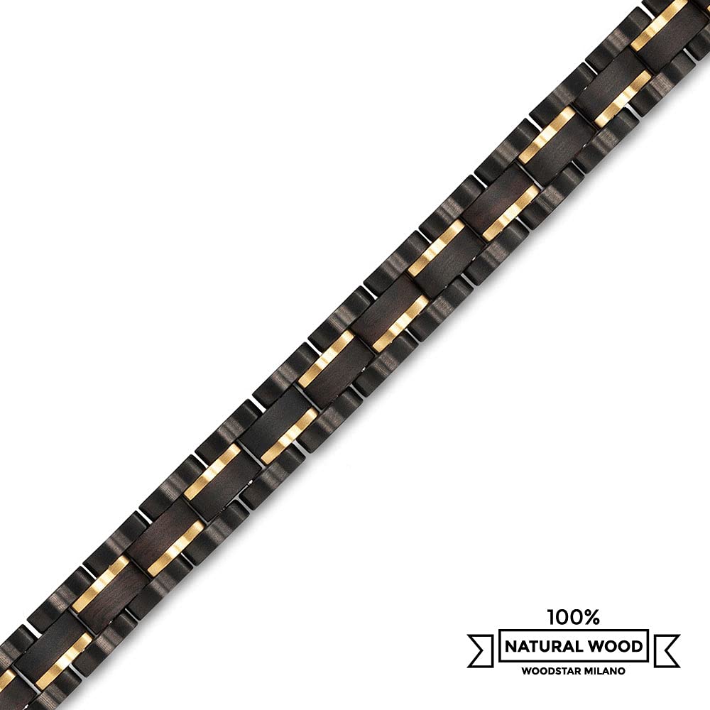 WOODSTAR (BLACK PYTHON) Bracelet pour homme en acier et bois, bijoux de mode masculin, bracelet réglable noir or B20-010, Il bracciale può essere regolato su misura, Acier inoxydable Acier allié Bois,
