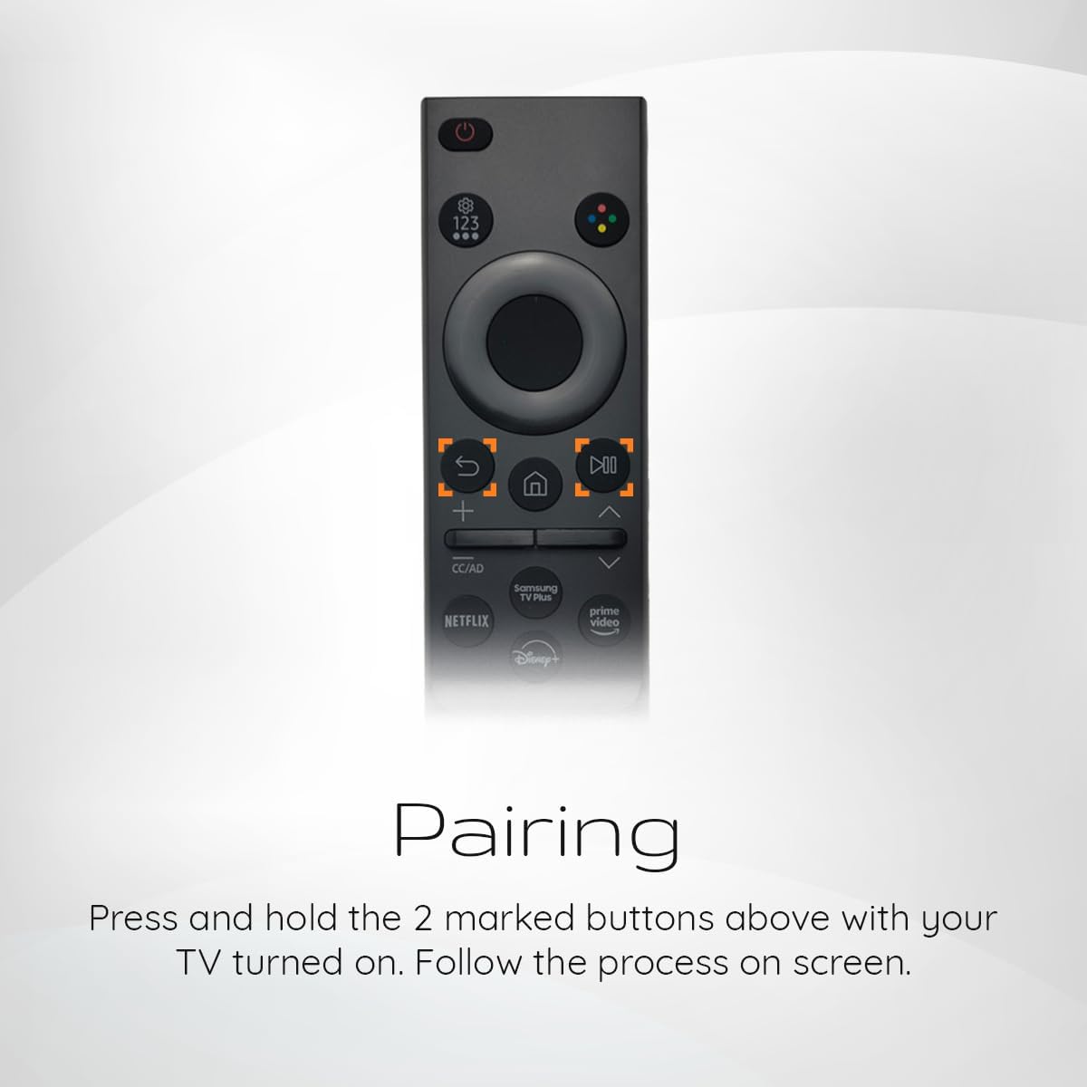 Close-up image of the Ceybo BN59-01388A remote control highlighting the Return and Play/Pause buttons for pairing.