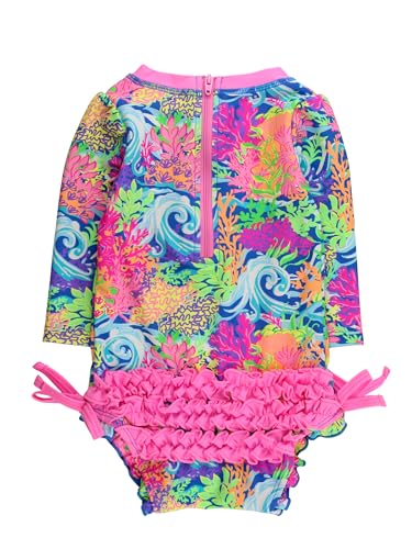 Image of RuffleButts Baby Girls UPF 50+ Sun Protection Floral Printed Long Sleeve One Piece Rash Guard Swimsuit with Zipper