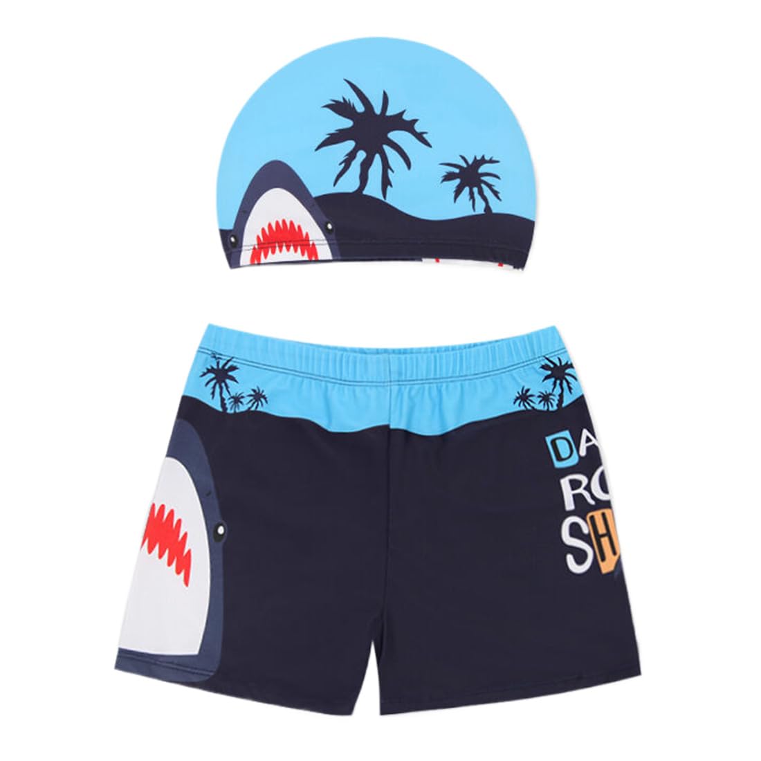 WJRQD Conjunto de Bañador y Gorro de natación para niños, Bañador para niño, Shorts de baño y Gorro de baño con Dinosaurio de Dibujos Animados para niños de 6 a 8 años