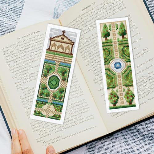 Image of INFUNLY 6PCS DIY Garden Cross Stitch Bookmark Kits 3x8.5inch Fountain Stamped Embroidery Page Marker Kits Plant Needlepoint Bookmark Kit with Pre-Printed Pattern for Book Lovers Readers