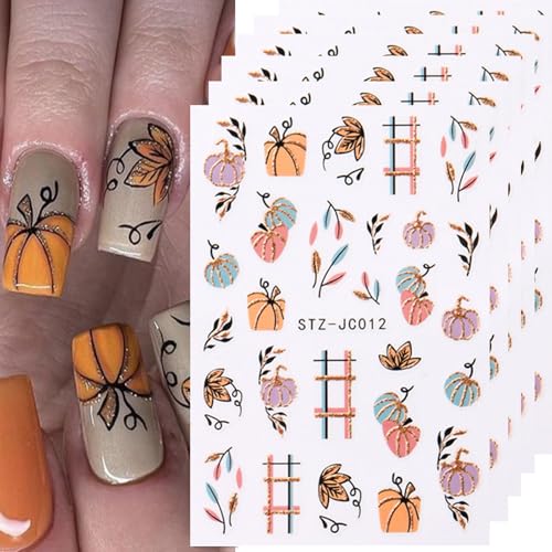 Fall Pumpkin Nail Art Stickers Decals 6PCS Autumn Maple Leaf Nail...