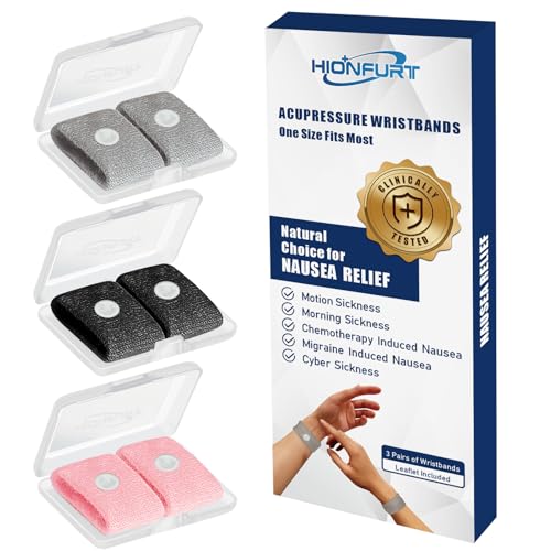 Image of Hionfurt Travel Sickness Bands for Adults and Kids Motion Sickness Wristbands for Car and Sea Sickness Anti Nausea and Pregnancy Morning Sickness Relief Acupressure Bands - 3 Pairs Grey, Black, Pink