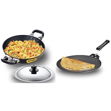 Hawkins - Q19 Futura Non-Stick Deep-Fry Pan (Kadhai) with Stainless Steel Lid, 22cm and Q41 Futura Non Stick Dosa Tawa, 33cm, Black