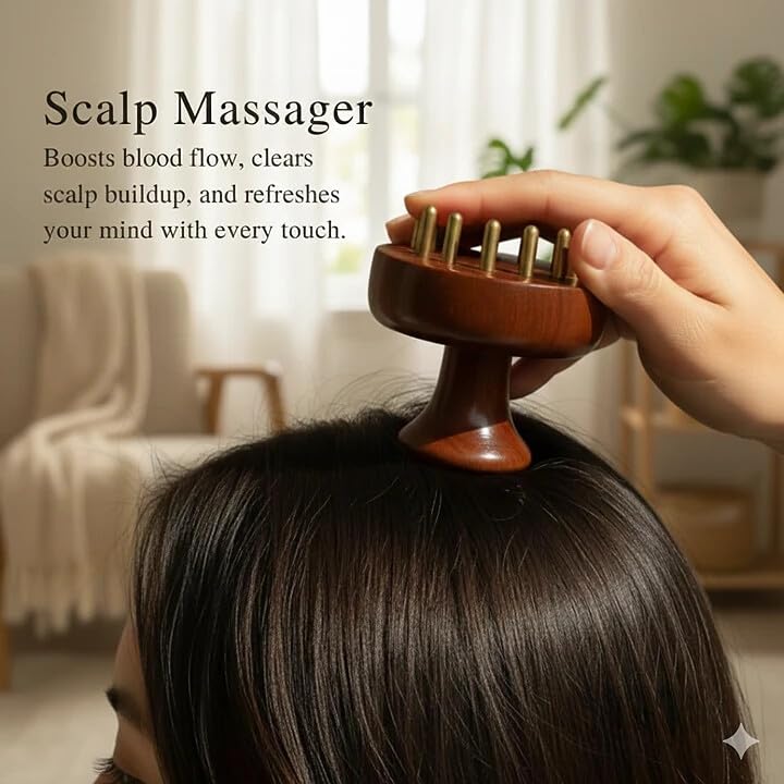 Image of Kansa Head Scalp Massager & Body Stimulator | Bronze Head Massager Tool for Natural Hair Growth, Stress Relief & Detox | Handmade Kansa wand Massage Tool with Wooden Handle (Natural)