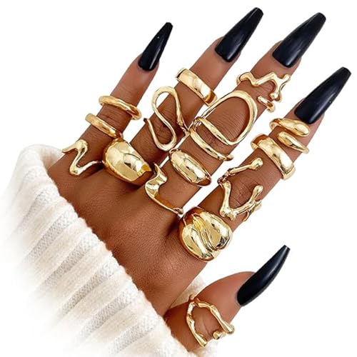 BelleVive Ensemble de 15 bagues épaisses en Or pour Femmes, plaquées Or 14 carats, dôme épais, bagues Ouvertes empilables, Bijoux délicats et minimalistes...