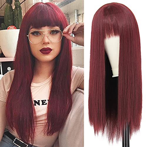 Juziviee Perruque bordeaux pour femme 66 cm de long et raide avec frange en cheveux synthétiques pour fête quotidienne VK005BU Cover