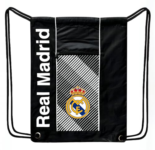 Mochila Real Madrid com cordão, oficialmente licenciada Real M. Bag Sport Gym Sackpack., Preto, Medium, Mochila clássica
