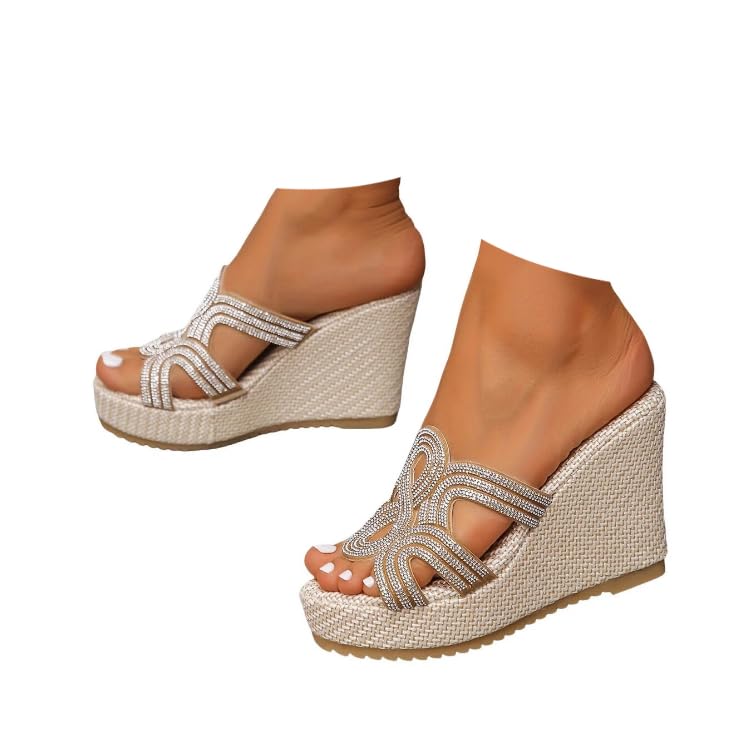 Summer New Fish Mouth Thick Soled Wedge Heeled Slippers For Women Retro Rhinestone Hollow Outer Wear Large Size ls And Slippers ls for Women Size 12