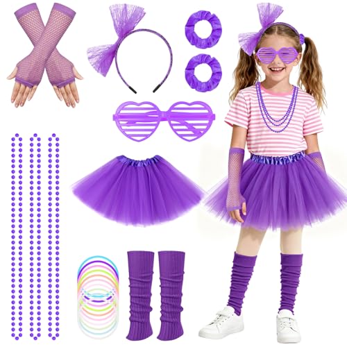 BSBUY 20 Pièces Kit Déguisement des Années 80, Accessoires de Costume Année 80, Jupe Tutu pour Filles, Jambières, Gants en Résille, Disco Costume...