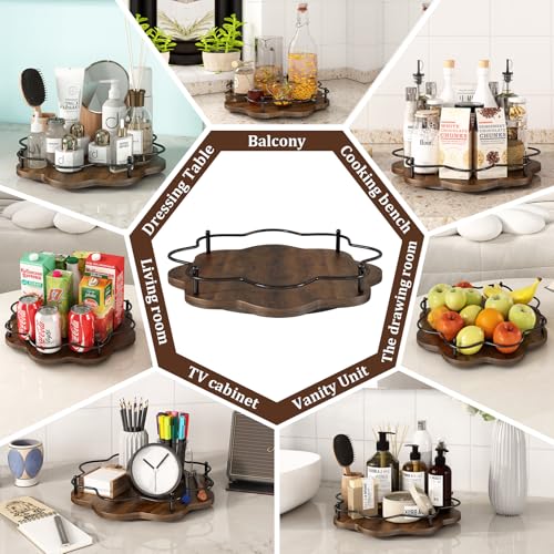 Image of 12 inch Lazy Susan Turntable Organizer,Round Wooden Lazy Susan Organization and Rotating Spice Rack for Dining Table,Pantry,Kitchen Countertop,Vanity,Cupboard and More.Vintage Wood(Petal Shape)