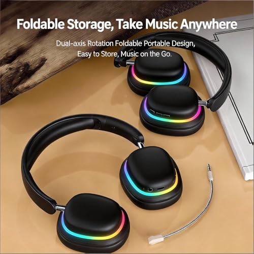 Image of Over-Ear Wireless Bluetooth Headphones with 5.3 Chip, 20H Playtime, 40mm Drivers, Foldable & Lightweight Design, RGB Lighting, Dual Mic for Clear Calls, Compatible with PC /Phone, SY-T3 Black.