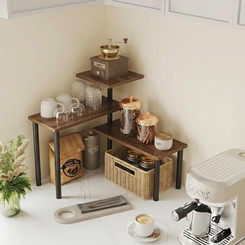 Image of ABJA Stylish Wooden Rack for Kitchen Storage, Corner Shelf for Kitchen, Organizer Rack, 3 Tier Spice, Oil Stand, Tabletop Adjustable Rack for Makeup, Office (Rustic Brown, 3 Tier Lite)