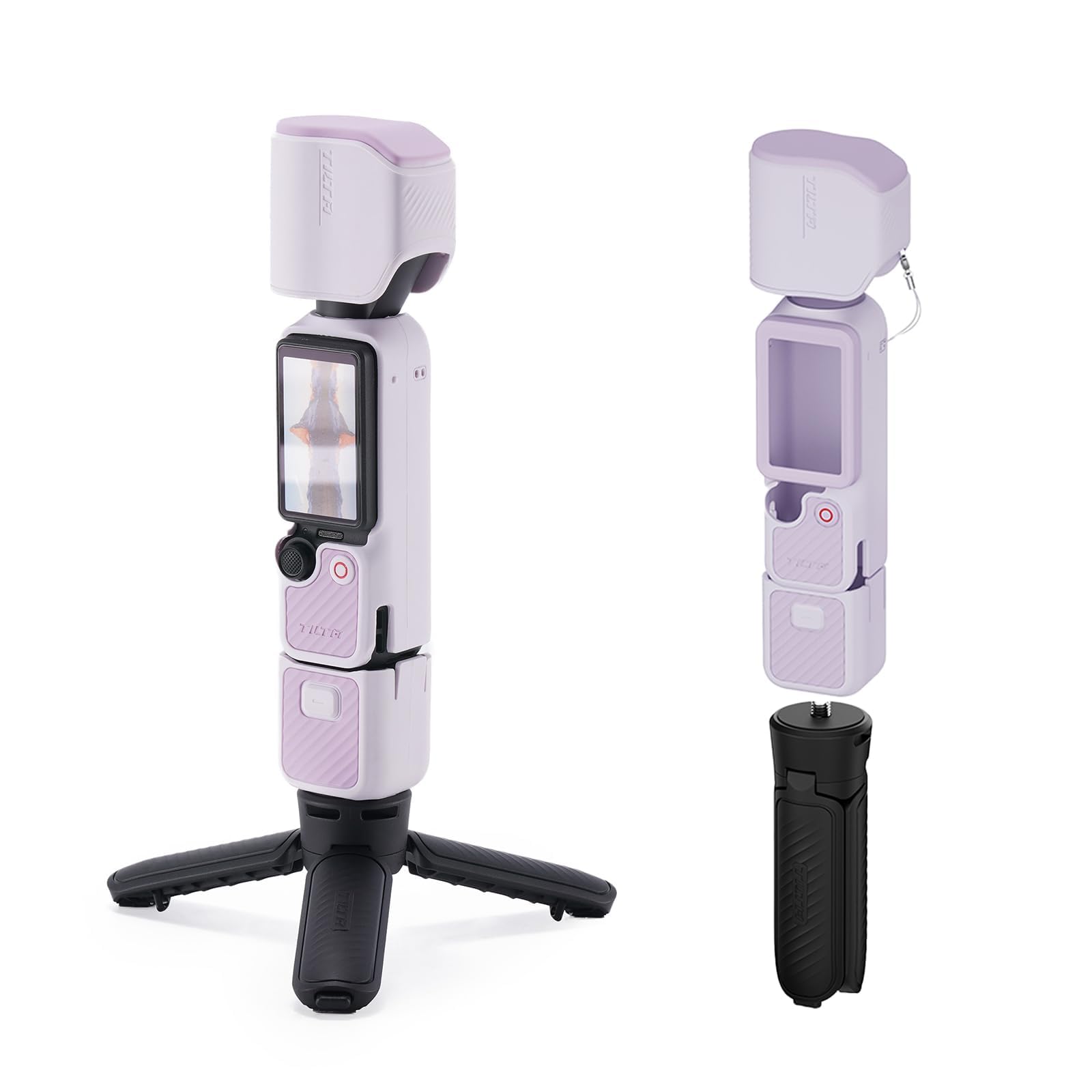 Tilta Kit Creador Ligero para dji Osmo Pocket 4, Funda Protectora Silicona Lila con Agarre Antideslizante de Textura Ondulada, Minitrípode de Mesa 1‑Touch, Vidrio Templado AR para Pantalla, TA-T96-A