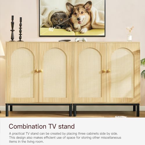 Iwell Buffet Set of 2, Sideboard with Rattan Decor Doors, Storage Cabinet with Metal Feet, Accent for Hallway, Entryway, Living Room, Natural