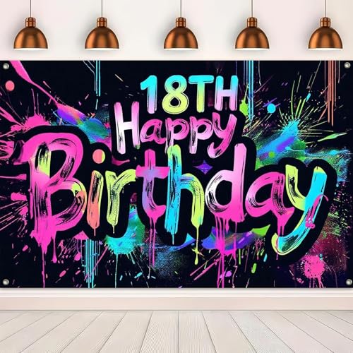 Image of HOMETITUTE Neon 18th Happy Birthday Banner 71x43 Inch Glow in The Dark Party Backdrop Colorful Wall Decor for Adults Boys Girls Eighteenth Birthday Celebrations Photo Booth Props Event Supplies