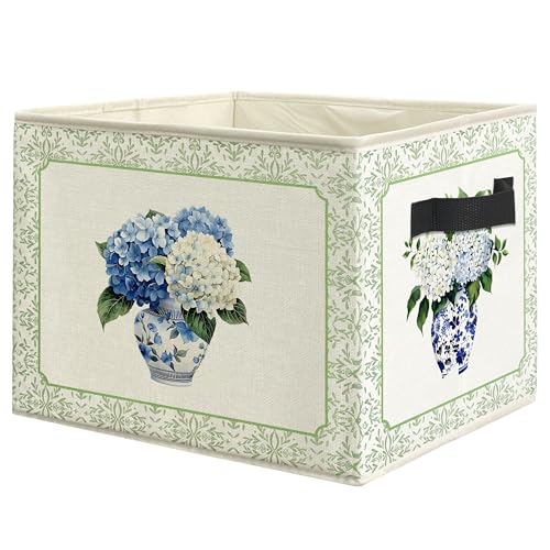 WARDOS Chinoiserie Hydrangea Floral Storage Bin Box with Handles, Blue and White Porcelain Hydrangea Flower Foldable Linen Fabric Laundry Basket for...