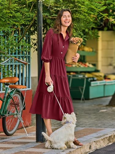 Image of Wenrine Womens Casual 3 /4 Sleeve Shirt Dress Button Down V Neck Tiered Collared Flowy Maxi Dress