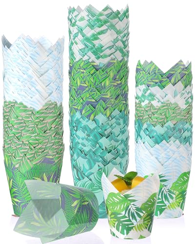 Havawish 500 Counts Greenery Tulip Cupcake Liners Tropical Hawaiian Baking Cups Palm Leaf Muffin Liners Greaseproof Cupcake Wrapper Tulip Paper Baking Cup for Tiki Luau Baby Shower Party Decoration