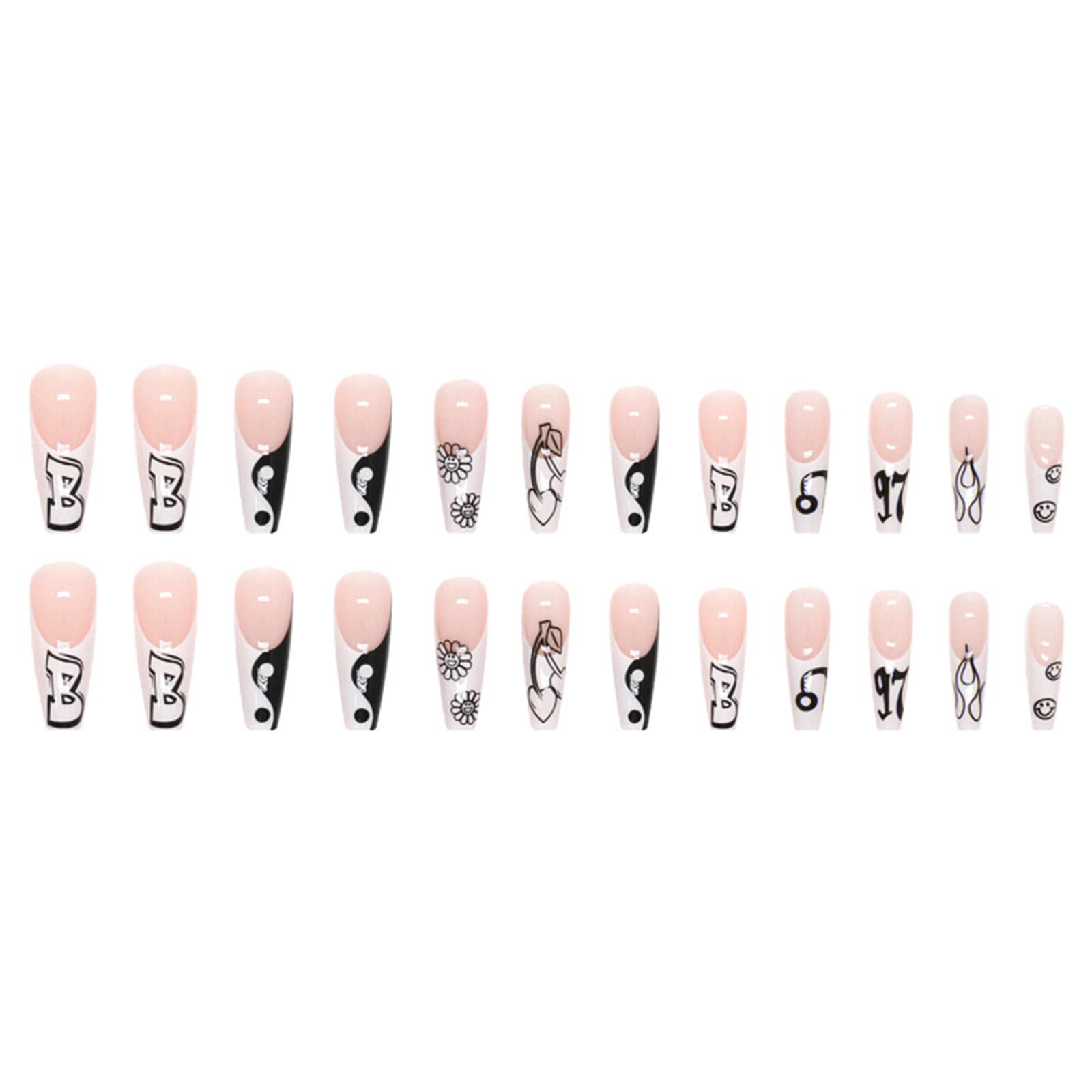 French Almond Fake Nails,Cute Acrylic Nails,Fake Nails with Pentagram,Nude Ladies Artificial Nails 24 pcs: Black and White Collocation