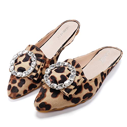 Cattle Shop Women's Pointed Toe Bohemian Rhinestone Mules Slip-On Shoes Flats Loafers Wallking Slippers, Leopard, 10 #TOP6