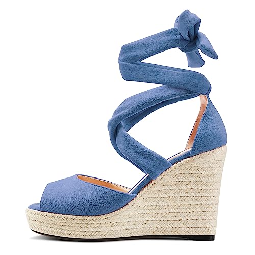 HDEUOLM Womens High Wedge Platform Heel Peep Open Toe Sandals Lace-up Prom Cute 3.9 Inches Heels2