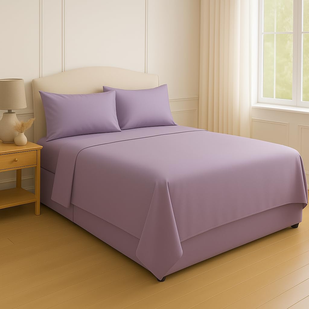Night Zone Flat Sheet 180 Thread Count Rich Percale Non Iron Bed Linen Soft PolyCotton Blend Plain Dyed Flat Bed Sheets (Super King, Lilac)