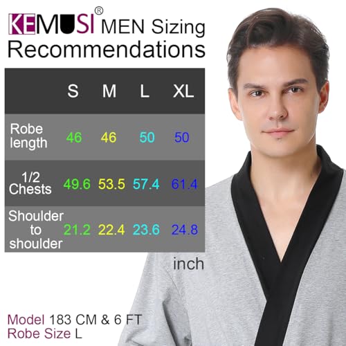KEMUSI Men's Summer Knee-Length Breathable Absorbent Sleepwear Bathrobe, Mid Sleeve, Grey with Black Trim, Soft and Comfy3