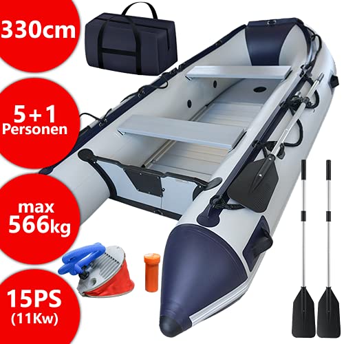 Schlauchboot-330-m-fuer-51-Personen-330-x-155-cm-max-566-kg-bis-15-PS-Alupaddel-Aluboden-Fussluftpumpe-Zubehoer-PVC-Motorboot-Ruderboot-Paddelboot-Angelboot-Gummiboot-Freizeitboot
