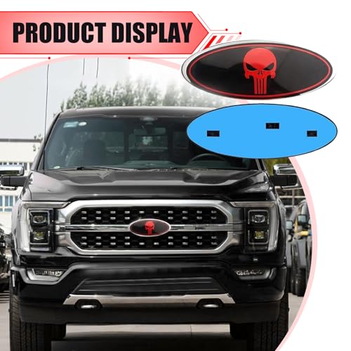 Image of 2 PCS Ford Front Grille Decoration Label, 9 inch x 3.5 inch Waterproof Rust-Proof Grille Hood Badge, Personalized Skull Self-Adhesive Nameplate, Compatible with Ford F150 F250 (Black & Red)