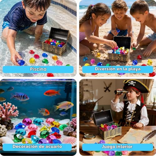 Miniatura 8 de Sloosh Juguetes De Piscina Diving Gems, 16 Grandes Diamantes De Colores Con Cofre Del Tesoro Pirata, Juguete De Buceo Para Niños Con Gemas Submarinas, Regalo De Entrenamiento De Natación